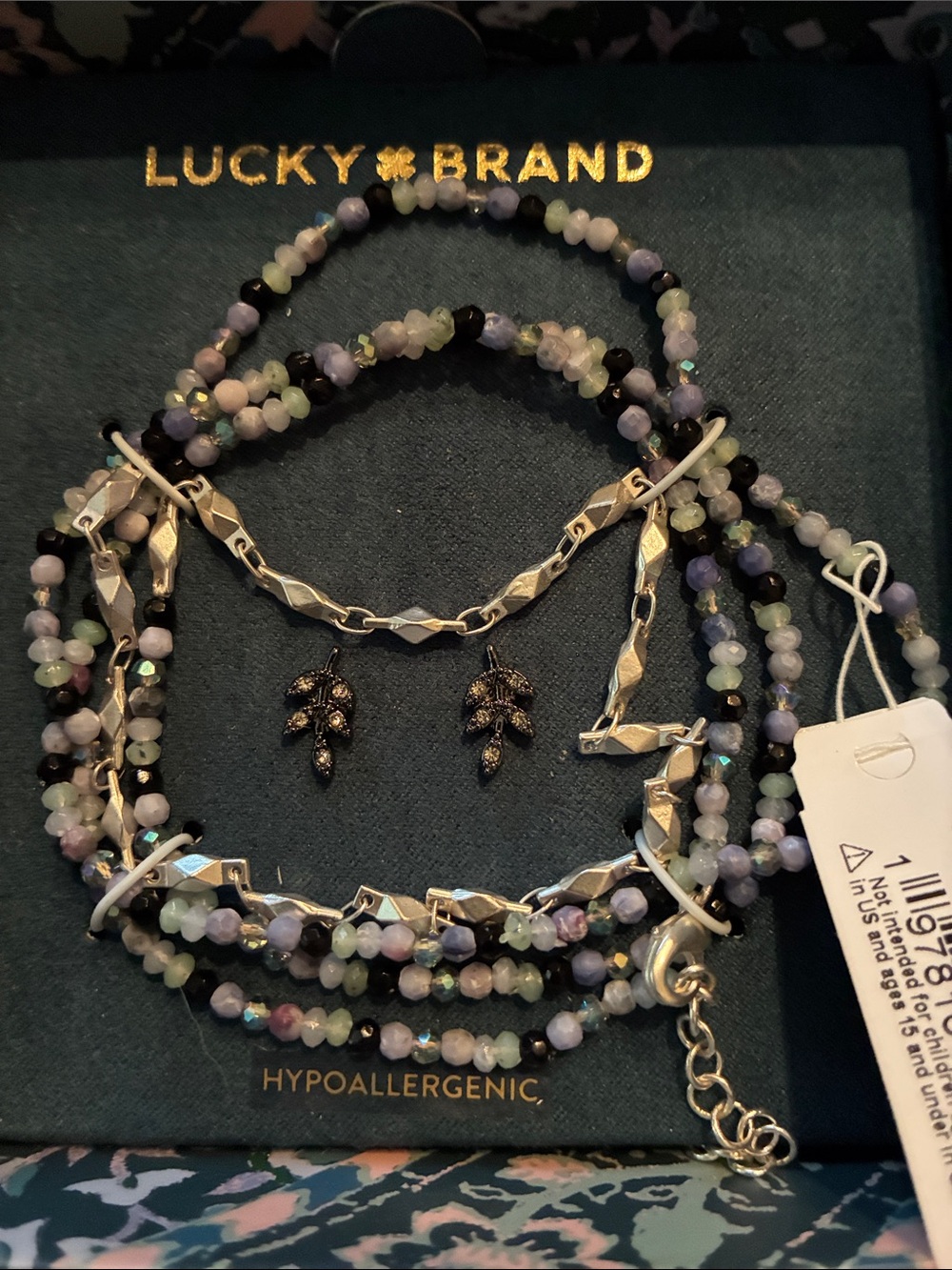 Lucky Brand Multicolor Blue Beaded Bracelet Set w Earrings Silver Tone Natural